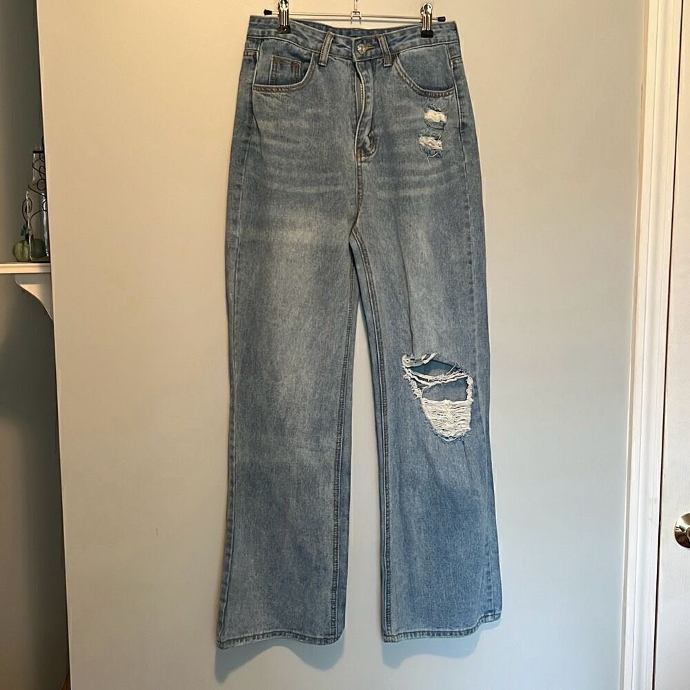 Women's Blue Denim Distressed Straight Wide Leg Boyfriend Jeans